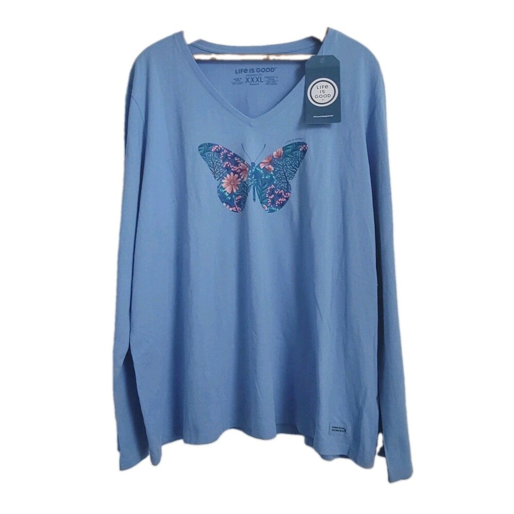 NWT Life is Good Womens Crusher Lite Vee  Butterfly Blue  Size XXXL T Shirt